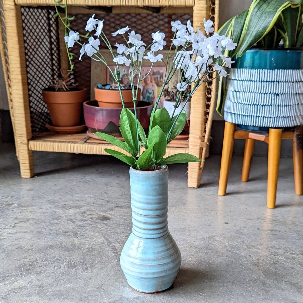 Vintage Handmade Blue Painted Terracotta Tall Flower Vase Boho Home Decor